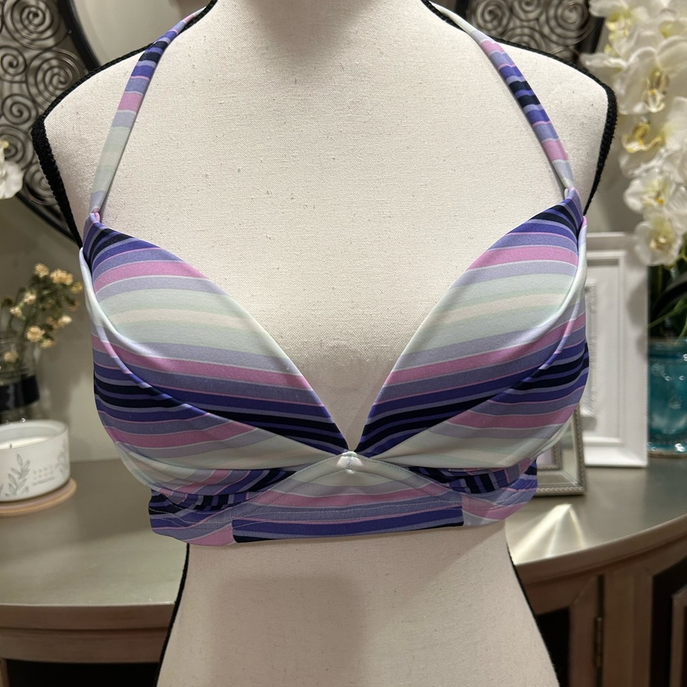 VICTORIA'S SECRET Striped Halter Bikini Top in Lavender, Navy & purple #226